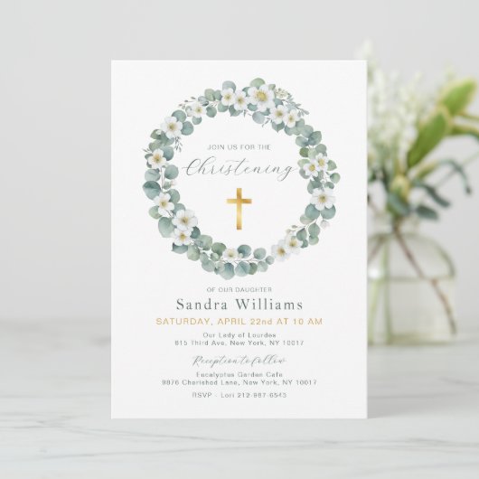 Eucalyptus Floral Krans doop uitnodiging (Staand voorkant)