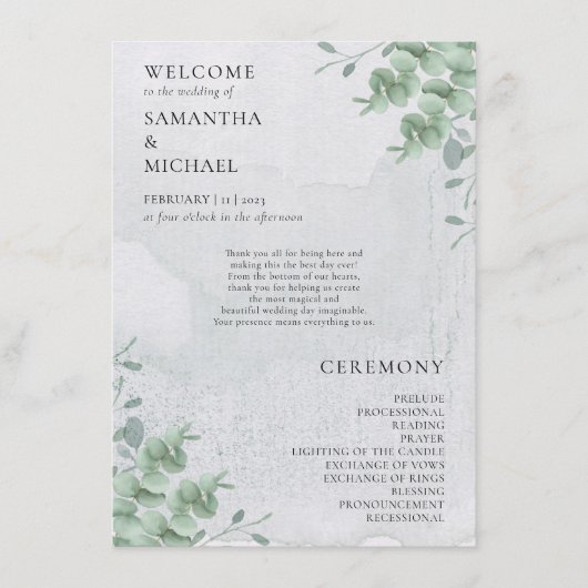Eucalyptus floral minimal modern program wedding menu (Voorkant)