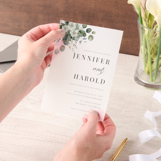 Eucalyptus Floral Minimal Plain Wedding Vellum Uitnodigingen (Draagbaar)