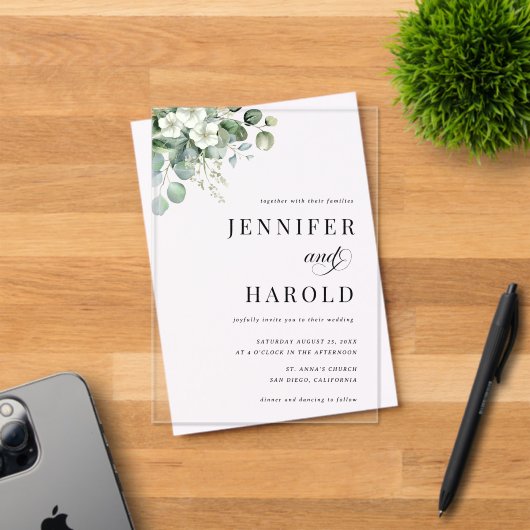 Eucalyptus Floral Minimal Transparant Huwelijk Acryl Uitnodigingen (Insitu (Uitnodiging))