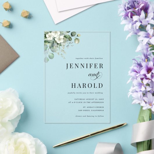 Eucalyptus Floral Minimal Transparant Huwelijk Acryl Uitnodigingen (Insitu (Huwelijk))