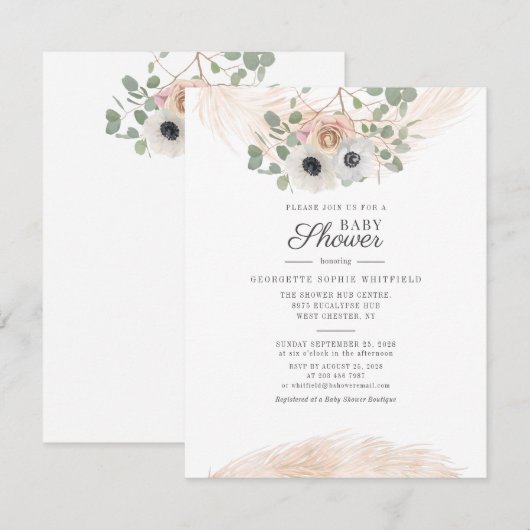Eucalyptus Floral Pampas Grass Script Baby shower Kaart (Voorkant / Achterkant)