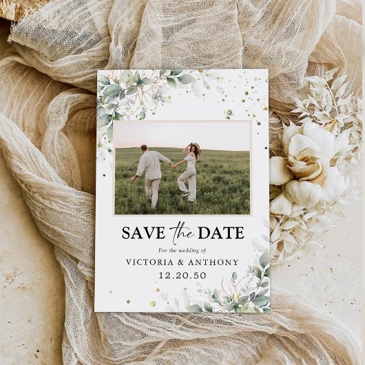Eucalyptus Floral Sla de datum op met fotokaart Save The Date