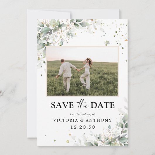 Eucalyptus Floral Sla de datum op met fotokaart Save The Date (Voorkant)