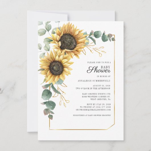 Eucalyptus Floral Sunflower Script Baby shower Kaart (Voorkant)