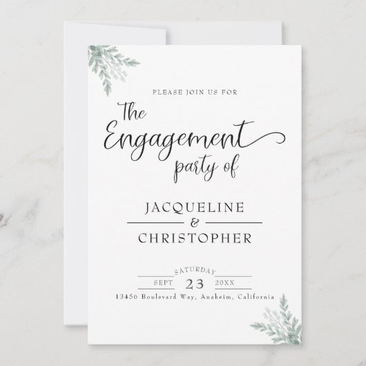 Eucalyptus Floral Waterverf Monogram Verloving Kaart (Voorkant)