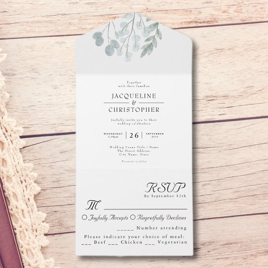 Eucalyptus Floral Waterverf Rustic Wedding All In One Uitnodiging