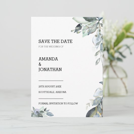 Eucalyptus Floral Wedding Save the Date Kaart (Staand voorkant)