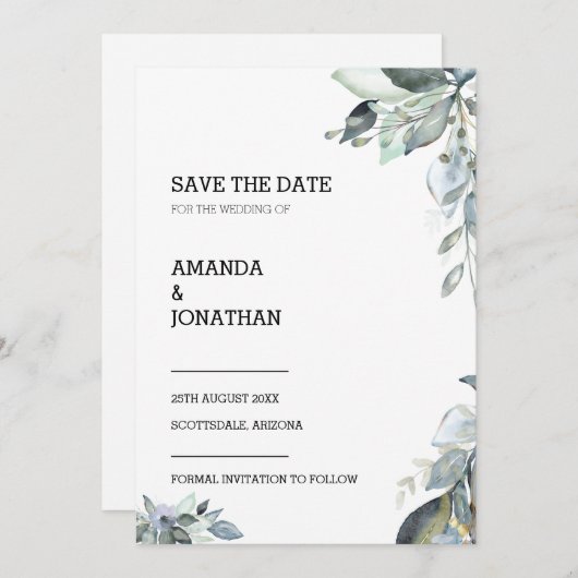 Eucalyptus Floral Wedding Save the Date Kaart (Voorkant / Achterkant)