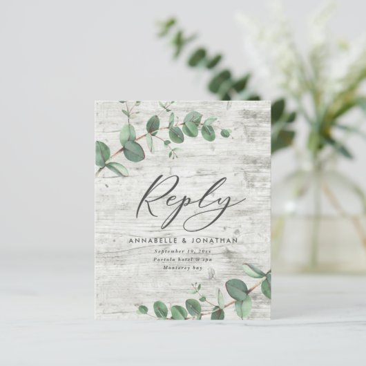 Eucalyptus folia white wood bruiloft RSVP (Staand voorkant)