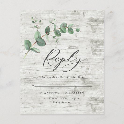 Eucalyptus folia white wood bruiloft RSVP Flyer (Achterkant)