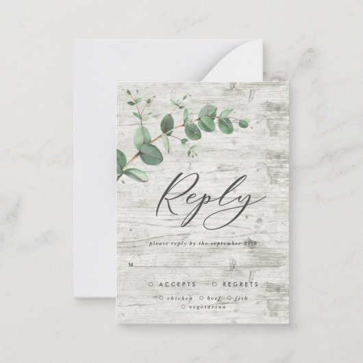 Eucalyptus folia white wood bruiloft RSVP Notitiekaartje (Achterkant)