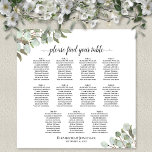 Eucalyptus Foliage 11 Tafel - bruiloft Poster<br><div class="desc">Dit ritme 11 tabel trouwsessieschema bevat tabeltoewijzingen voor 110 gasten met 10 zetels per tabel. Het elegante boho-chemische ontwerp is voorzien van een handbeschilderde waterverf eucalyptusbladeren, bladeren, bladeren, bladeren en groen groen in tinten, mos en grijs. De titel van het de manuscriptkalligrafie van de erfenis leest: Gelieve te vinden uw...</div>