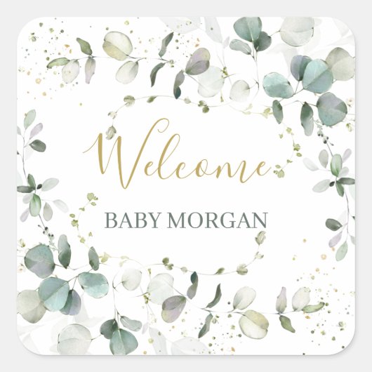 Eucalyptus Foliage-Baby shower Vierkante Sticker (Voorkant)