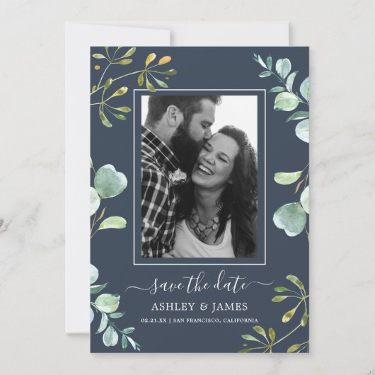Eucalyptus Foliage Blue Botanical Save the Date Kaart (Voorkant)