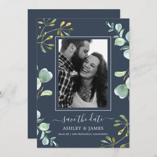 Eucalyptus Foliage Blue Botanical Save the Date Kaart (Voorkant / Achterkant)