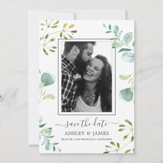 Eucalyptus Foliage Blue Botanical Save the Date Kaart (Voorkant)