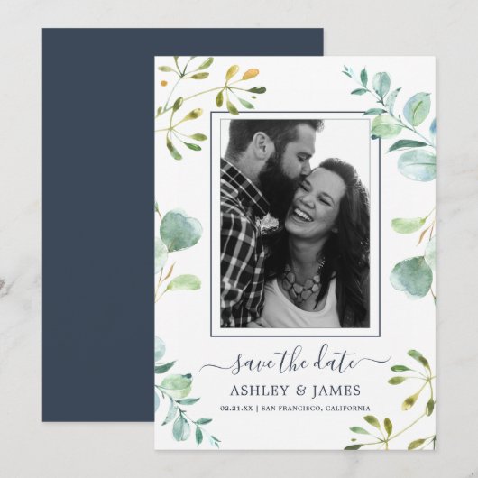 Eucalyptus Foliage Blue Botanical Save the Date Kaart (Voorkant / Achterkant)