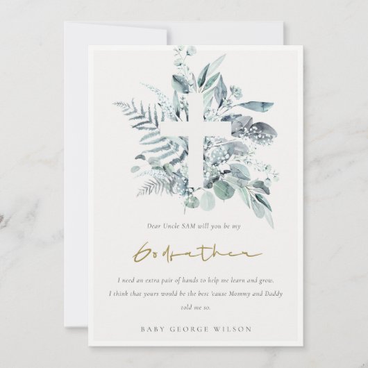 Eucalyptus Foliage Cross Godfather Voorstel Uitnod Bedankkaart (Voorkant)