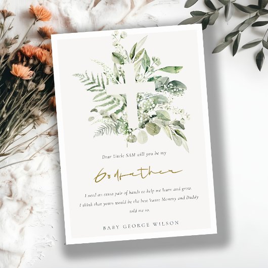 Eucalyptus Foliage Cross Godfather Voorstel Uitnod Bedankkaart