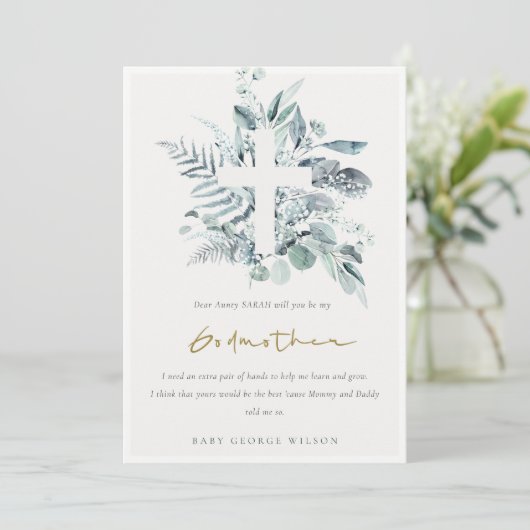 Eucalyptus Foliage Cross Godmoeder Voorstel Uitnod Bedankkaart (Staand voorkant)