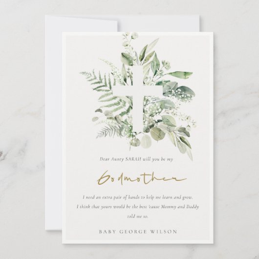 Eucalyptus Foliage Cross Godmoeder Voorstel Uitnod Bedankkaart (Voorkant)