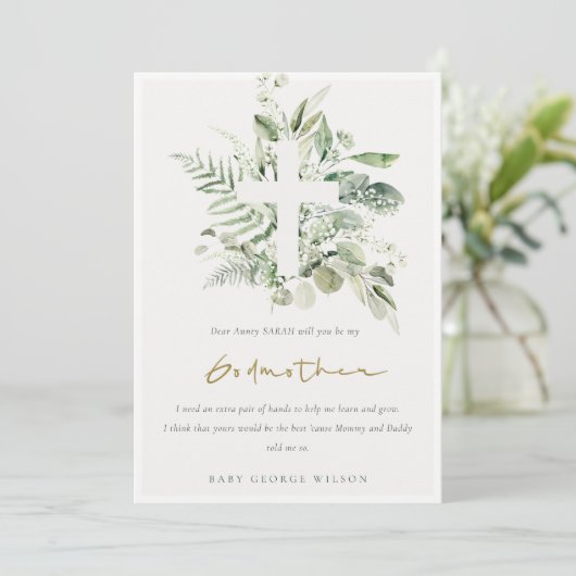 Eucalyptus Foliage Cross Godmoeder Voorstel Uitnod Bedankkaart (Staand voorkant)