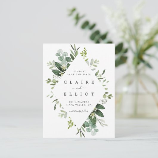 Eucalyptus Foliage Diamond Lijst Bewaar datum Aankondigingskaart (Staand voorkant)