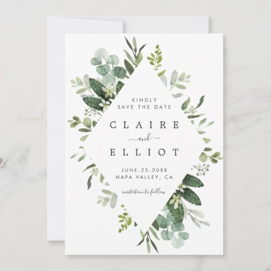 Eucalyptus Foliage Diamond Lijst Bewaar datum Save The Date (Voorkant)
