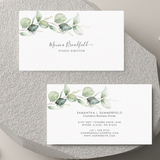 Eucalyptus Foliage Elegant Script Waterverf Visitekaartje