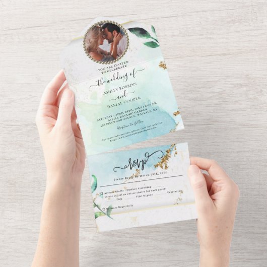 Eucalyptus Foliage Elegant Wedding All In One Uitnodiging (Afscheurbaar)