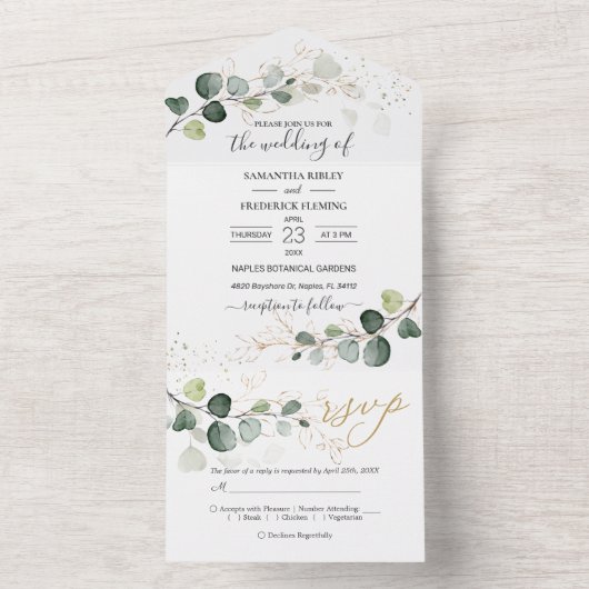 Eucalyptus Foliage Gold Leaves All In One Uitnodiging (Binnen)