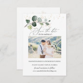 Eucalyptus Foliage Gold Leaves Save the Date Enclo Informatiekaartje (Voorkant / Achterkant)