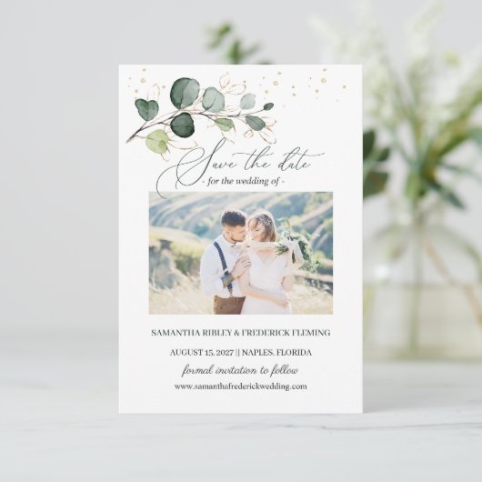 Eucalyptus Foliage Gold Leaves Save the Date Enclo Informatiekaartje (Staand voorkant)