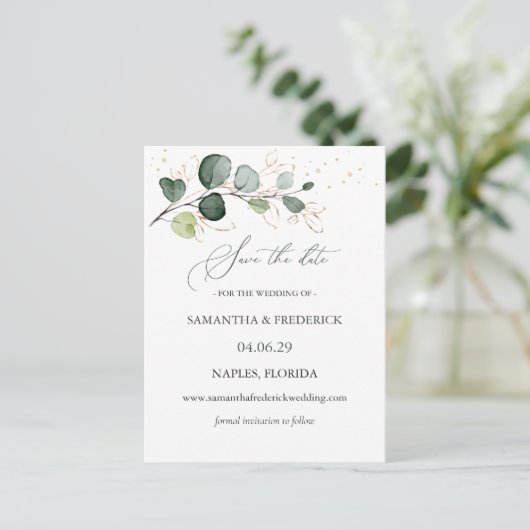 Eucalyptus Foliage Gold Leaves Sparen de Datum Briefkaart (Staand voorkant)