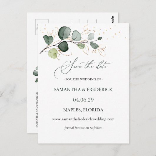 Eucalyptus Foliage Gold Leaves Sparen de Datum Briefkaart (Voorkant / Achterkant)