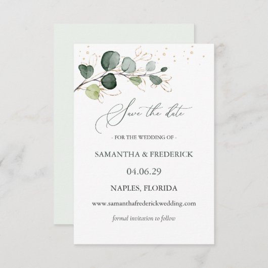 Eucalyptus Foliage Gold Leaves Sparen de Datum Informatiekaartje (Voorkant / Achterkant)