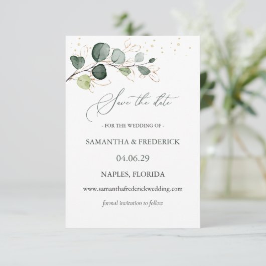 Eucalyptus Foliage Gold Leaves Sparen de Datum Informatiekaartje (Staand voorkant)