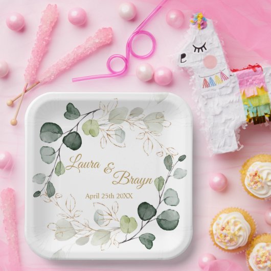 Eucalyptus Foliage Gold Leaves Weddenpapier Bord (Feest)