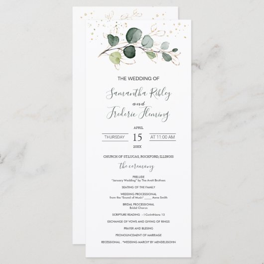 Eucalyptus Foliage Gold Leaves Weddenprogramma (Voorkant / Achterkant)