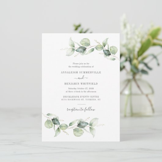 Eucalyptus Foliage Greenery Script Modern Weddensc Kaart (Staand voorkant)