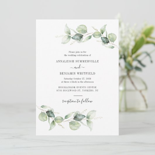 Eucalyptus Foliage Greenery Script Weddenschap Kaart (Staand voorkant)