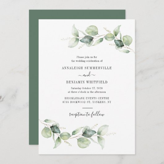 Eucalyptus Foliage Greenery Script Weddenschap Kaart (Voorkant / Achterkant)