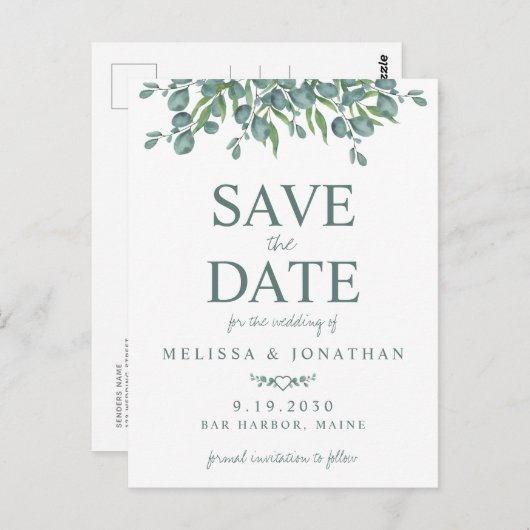 Eucalyptus Foliage Greenery Wedding Save the Date Briefkaart (Voorkant / Achterkant)