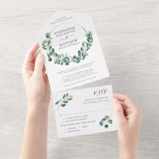 Eucalyptus Foliage laat gouden weddenschap achter All In One Uitnodiging (Afscheurbaar)