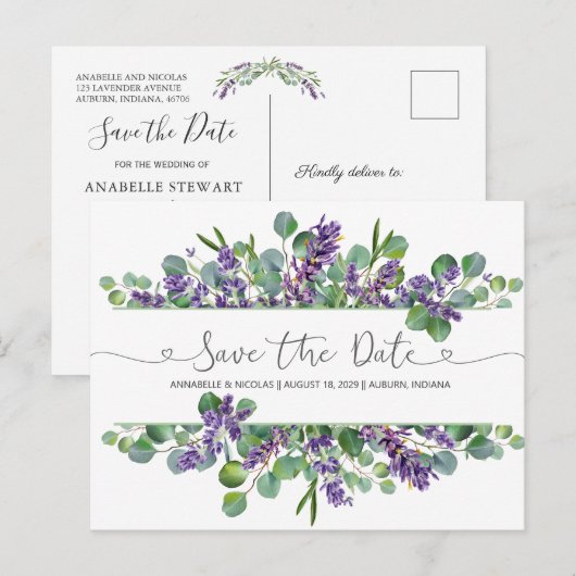 Eucalyptus Foliage Lavender Flowers Save the Date Briefkaart (Voorkant / Achterkant)