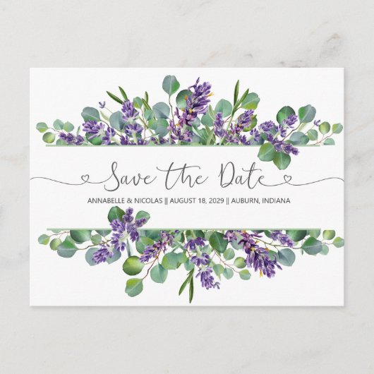 Eucalyptus Foliage Lavender Flowers Save the Date Briefkaart (Voorkant)