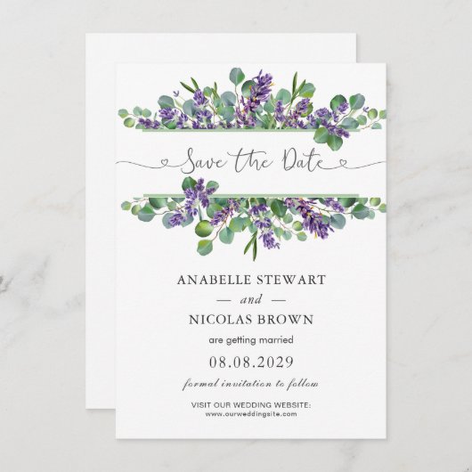 Eucalyptus Foliage Lavender Flowers Save the Date Informatiekaartje (Voorkant / Achterkant)