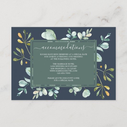 Eucalyptus Foliage Navy Blue Botanical Weddenschap Informatiekaartje (Voorkant)