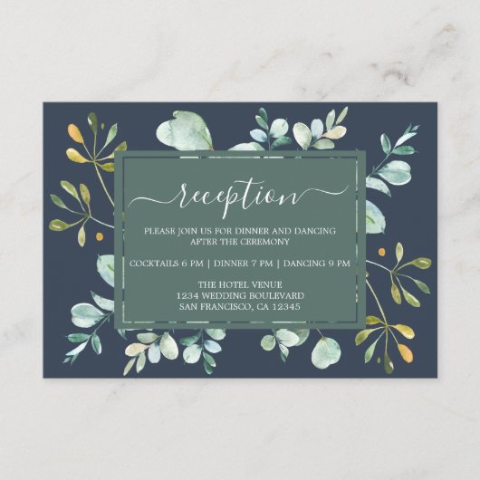 Eucalyptus Foliage Navy Blue Botanical Weddenschap Informatiekaartje (Voorkant)